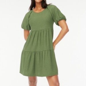 J Crew Clip Dot Puff Short Sleeve Tiered Midi Dress Utility Green Size XS